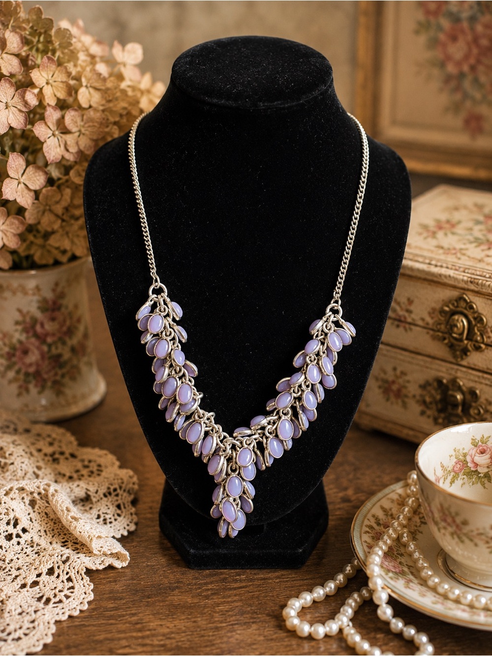 Source Unknown Lavender and Silver Leaf Cluster Necklace - Women Jewelry